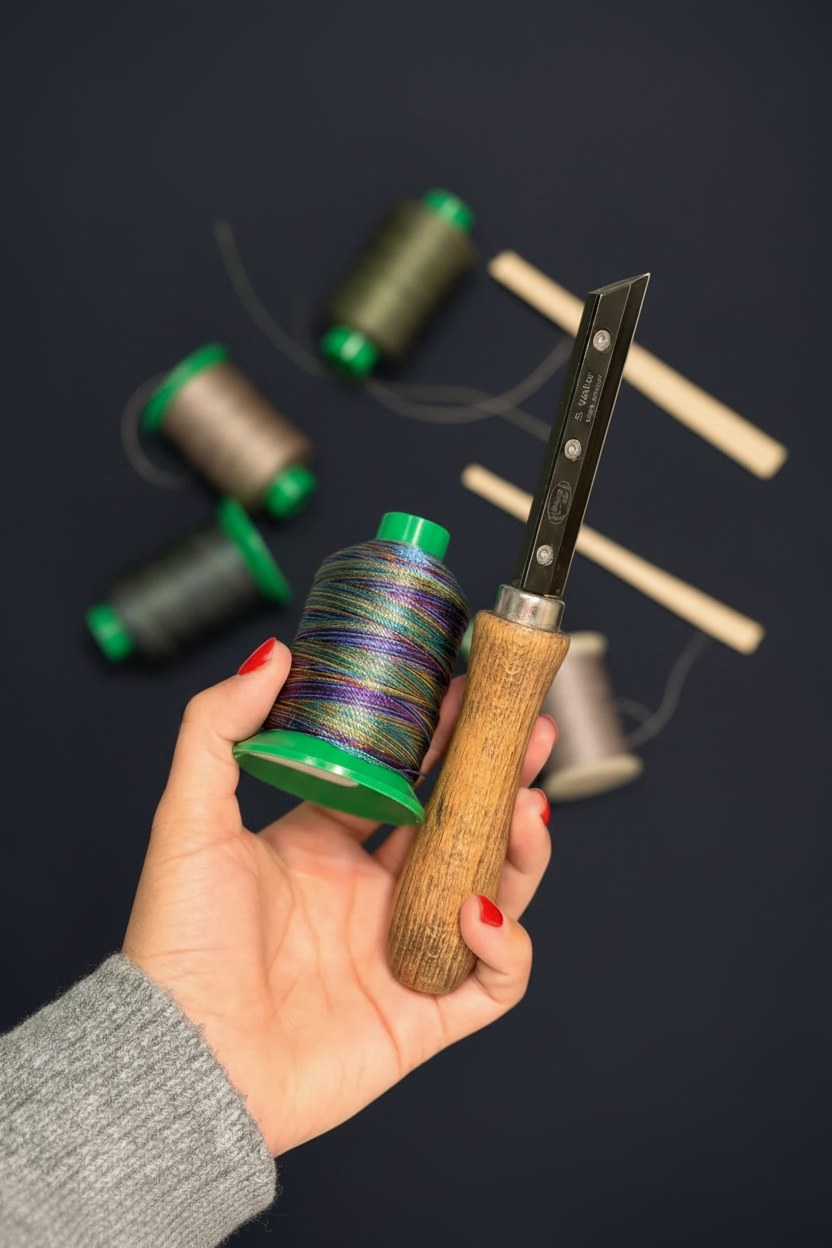 Hilo y cuchillo - fondo taller con contexto